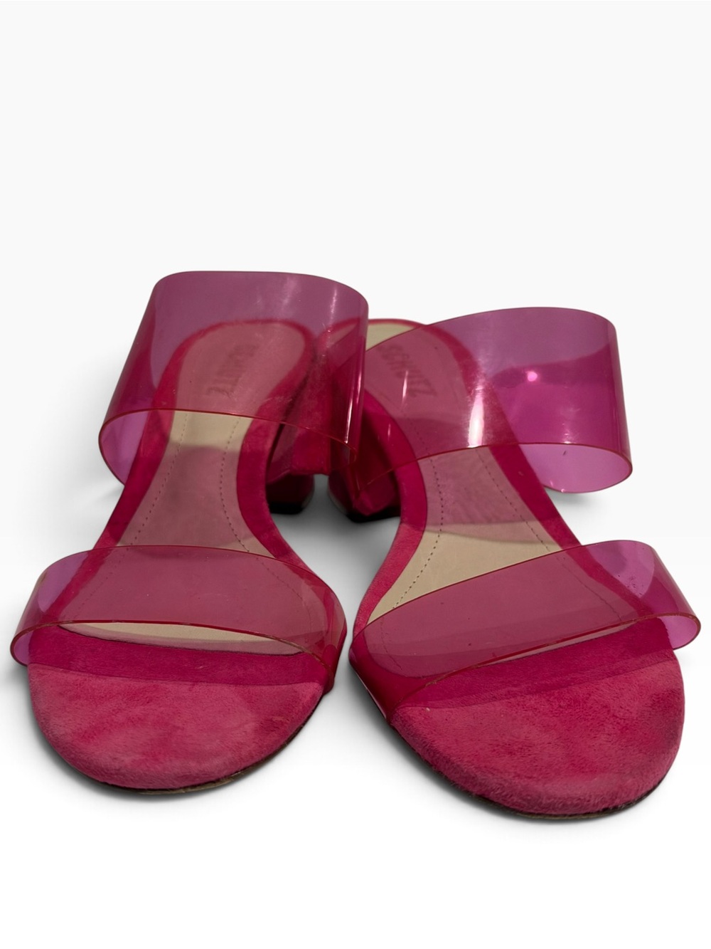 SCHUTZ Hot Pink Suede Clear PVC Block Heel Mules Sandals 8.5